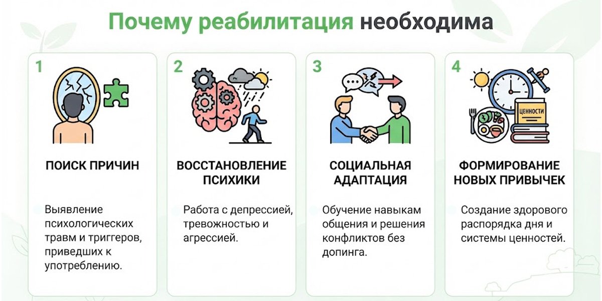 Инфографика: Почему реабилитация необходима — поиск причин, восстановление психики, социальная адаптация и формирование новых привычек.
